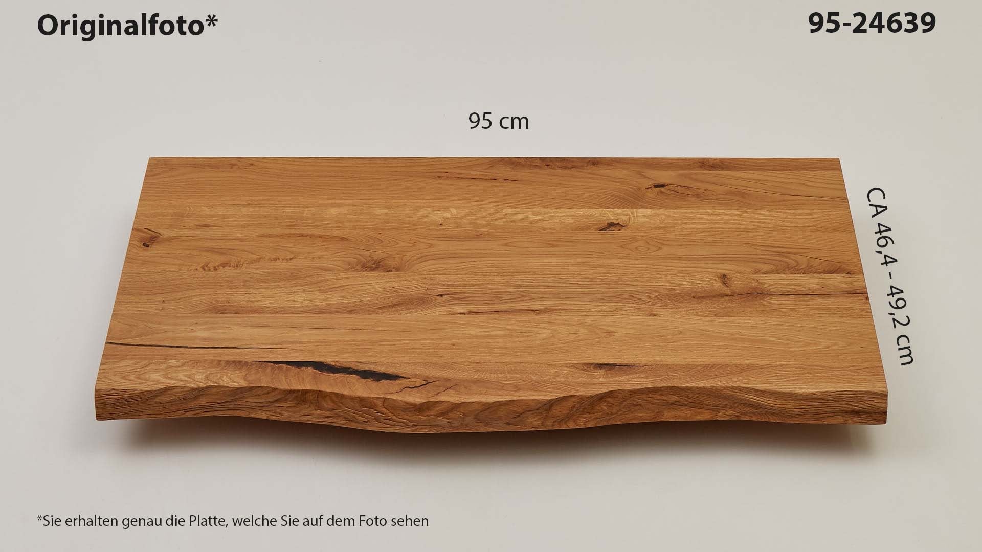 Eichenholz-Tischplatte Nummer 95-24639, Länge 95 cm cm, Breite ca. 46.4 cm–49.2 cm, mit gebürsteter Baumkante, geschliffen, 2 Schichten italienisches Öl, Äste und Risse mit Epoxidharz