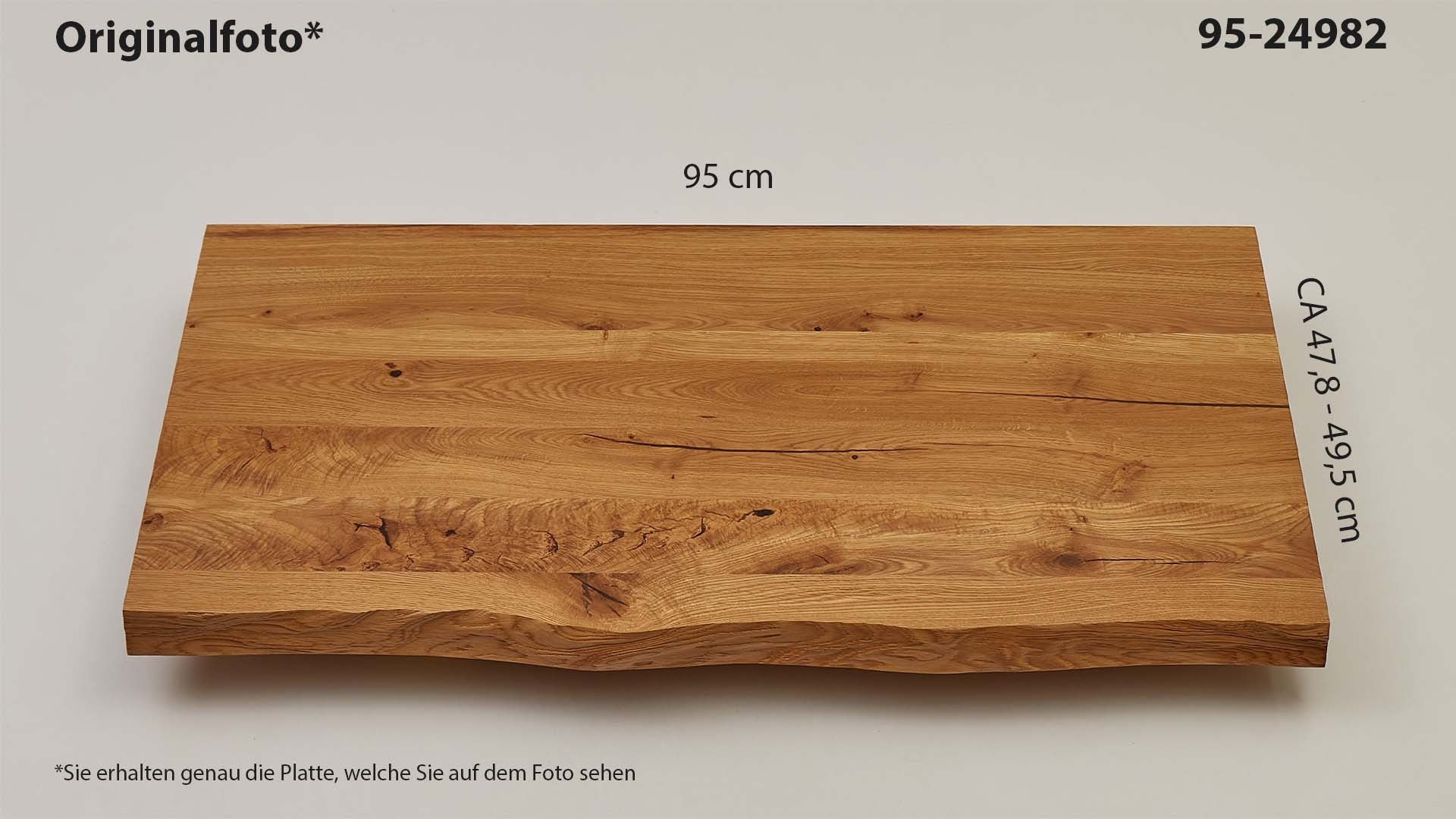 Eichenholz-Tischplatte Nummer 95-24982, Länge 95 cm cm, Breite ca. 47.8 cm–49.5 cm, mit gebürsteter Baumkante, geschliffen, 2 Schichten italienisches Öl, Äste und Risse mit Epoxidharz