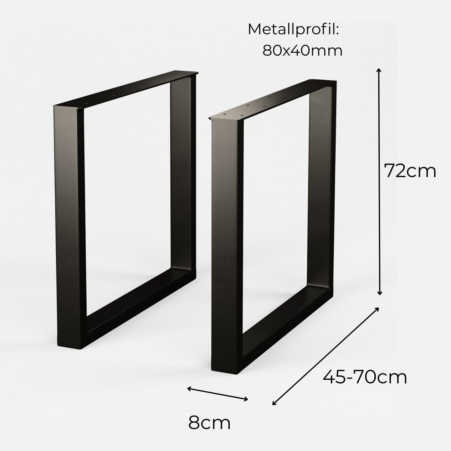 Ein schwarzes U-Tischgestell in den Maßen 45-70x72x8cm