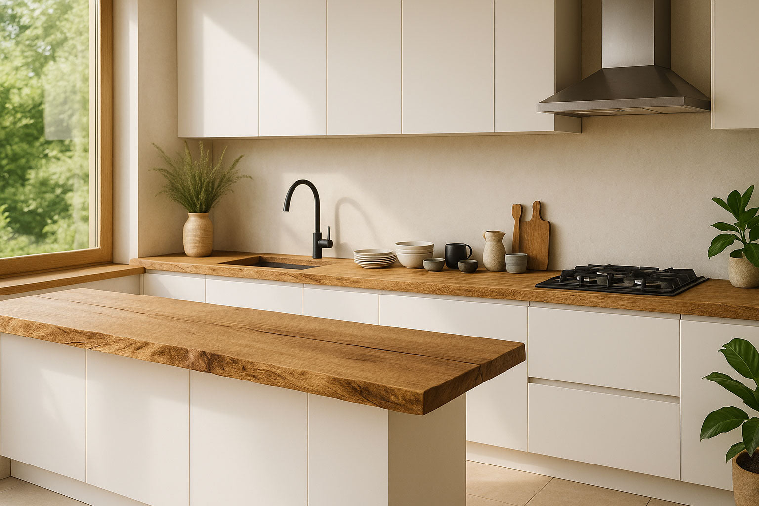 Moderne Küche mit heller Einrichtung und einer massiven Arbeitsplatte aus Eiche mit Baumkante, kombiniert mit weißen Fronten und schwarzer Armatur.