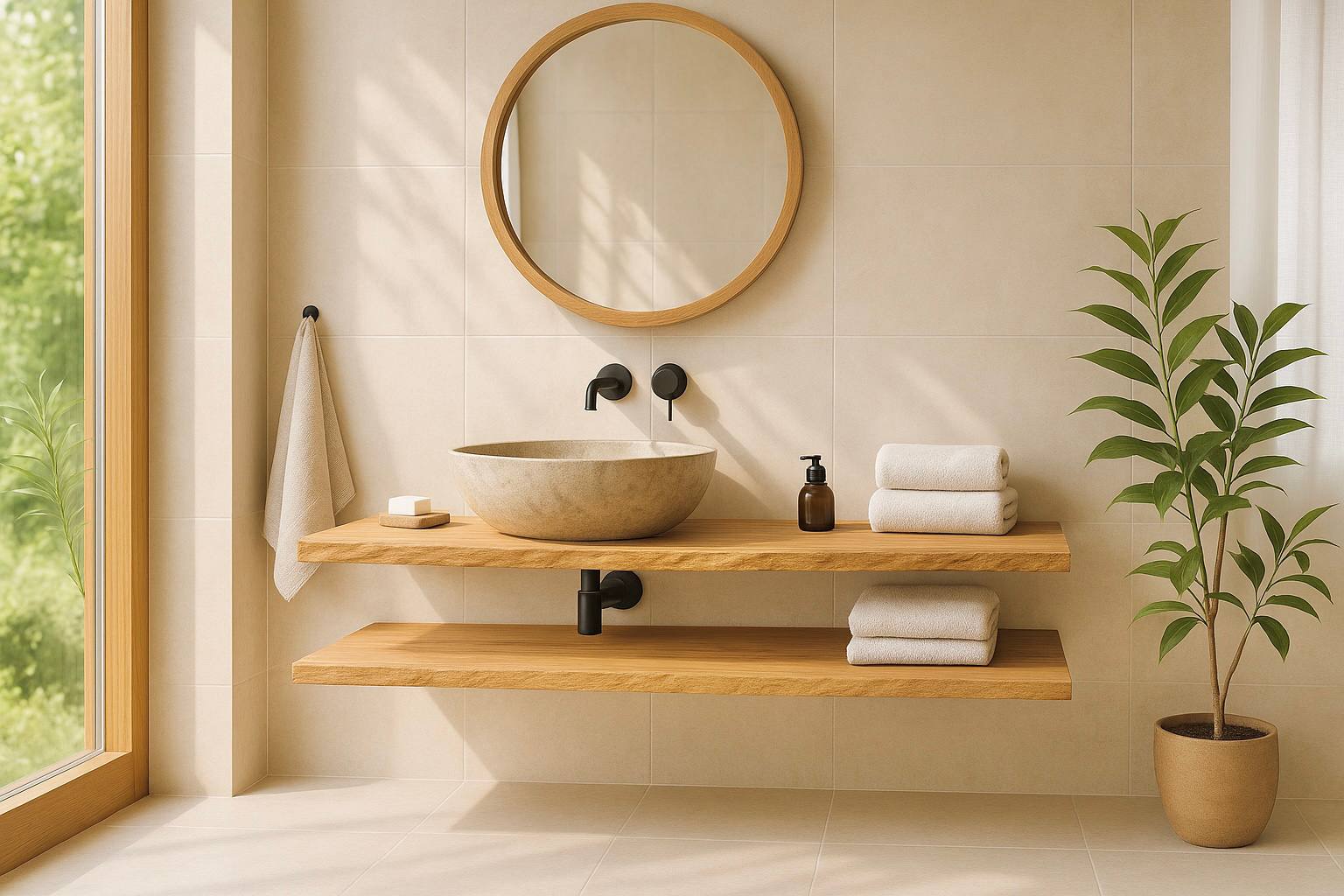 Modernes Badezimmer mit freihängendem Waschtisch aus Massivholz, rundem Spiegel, Naturstein-Aufsatzwaschbecken und minimalistischer Wandarmatur – hochwertiges Bad-Design mit natürlichen Materialien und viel Tageslicht.