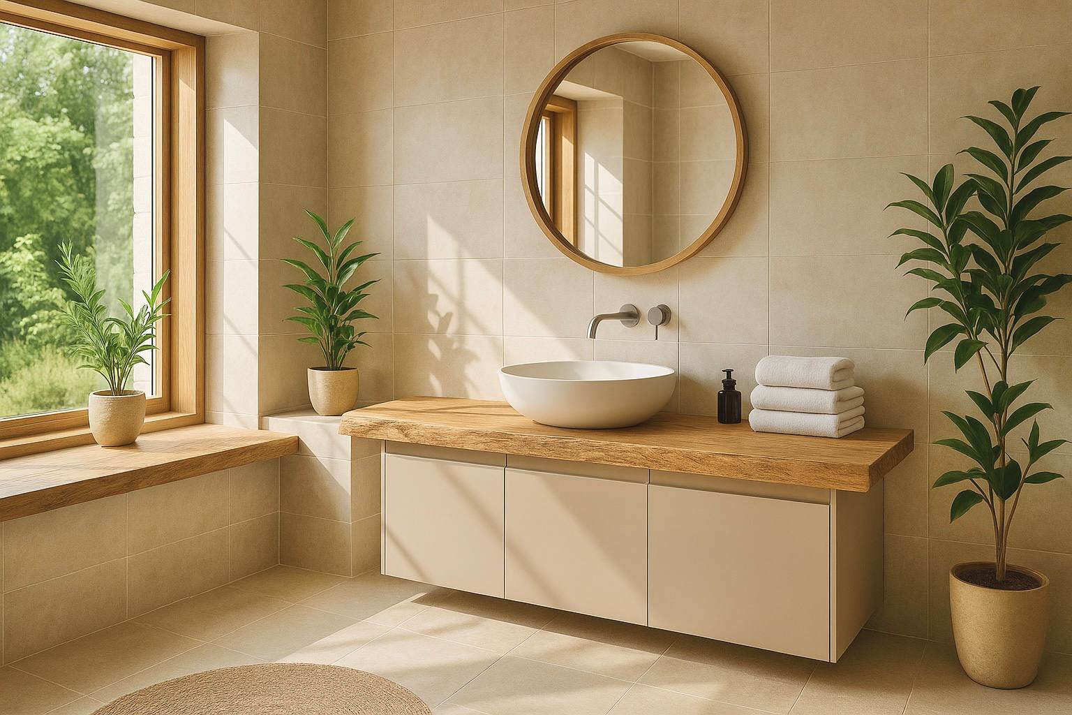 Modernes Badezimmer mit einer massiven Waschtischplatte aus Eiche und Aufsatzwaschbecken, kombiniert mit hellen Fliesen, großem runden Spiegel, Pflanzen und natürlichem Tageslicht.