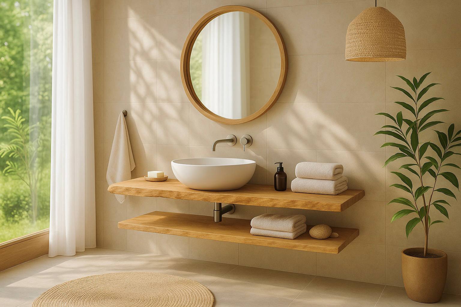 Modernes Badezimmer mit freihängendem Waschtisch aus Massivholz, rundem Spiegel, Aufsatzwaschbecken und Naturmaterialien im warmen Tageslicht – hochwertiges Bad-Design mit minimalistischer Innenarchitektur.
