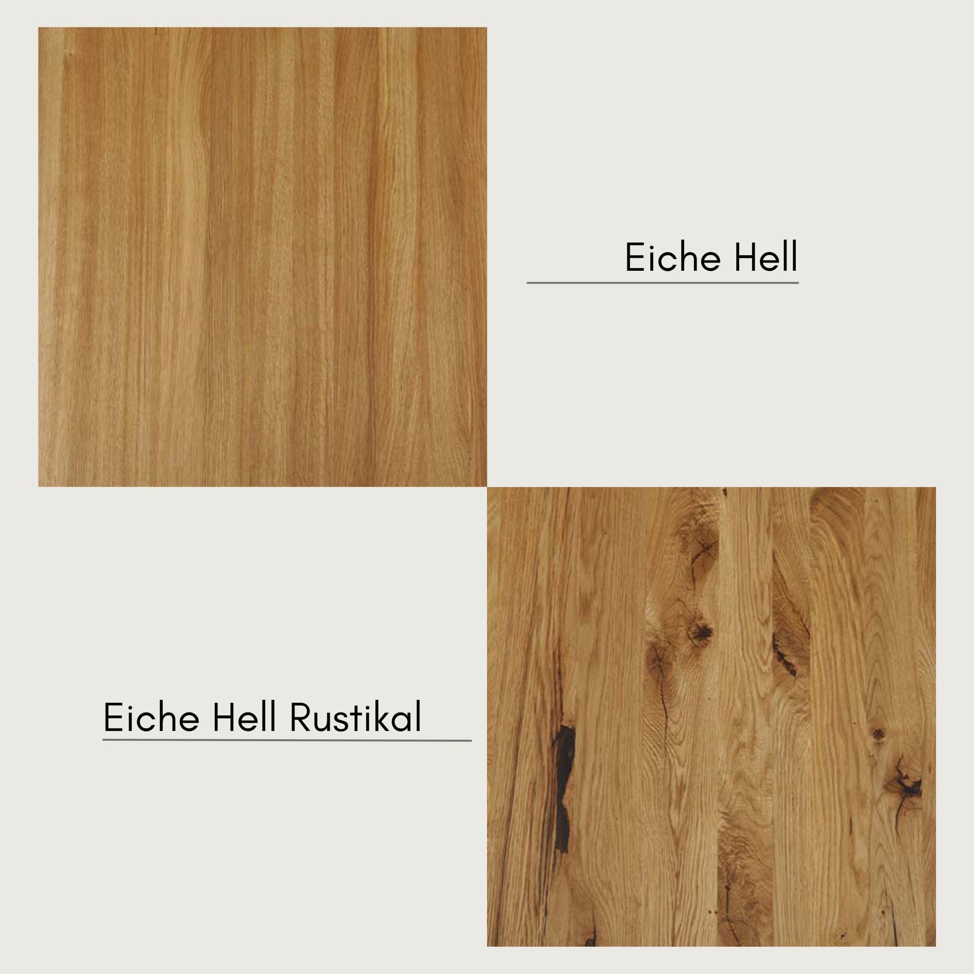 Vergleich von Holzarten für Couchtische – Eiche Hell glatt und Eiche Hell Rustikal mit natürlicher Maserung