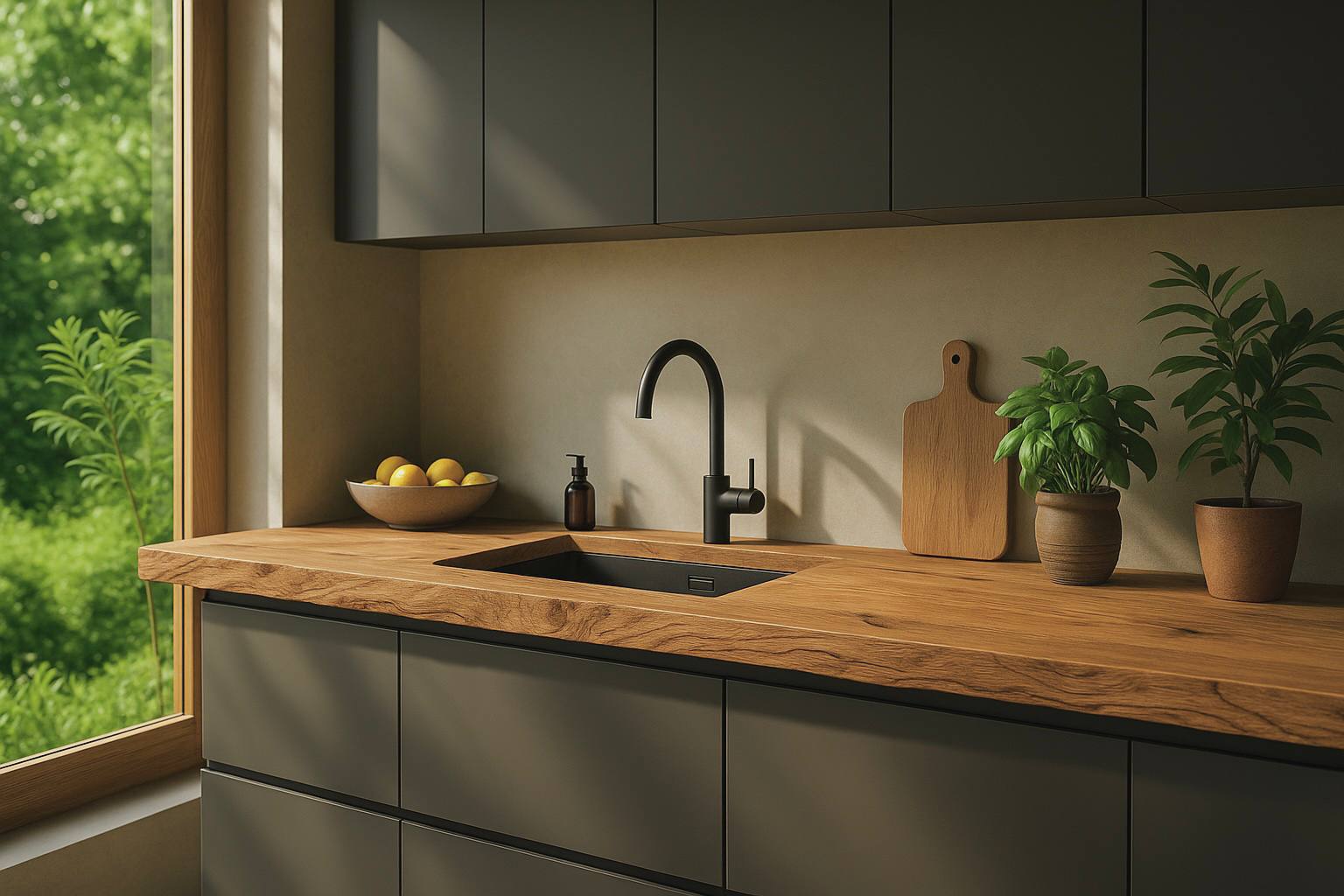 Moderne Küchenzeile mit natürlicher Massivholz-Arbeitsplatte, schwarzer Design-Armatur, integrierter Spüle und grünen Zimmerpflanzen – hochwertiges Küchen-Interior mit Echtholz.