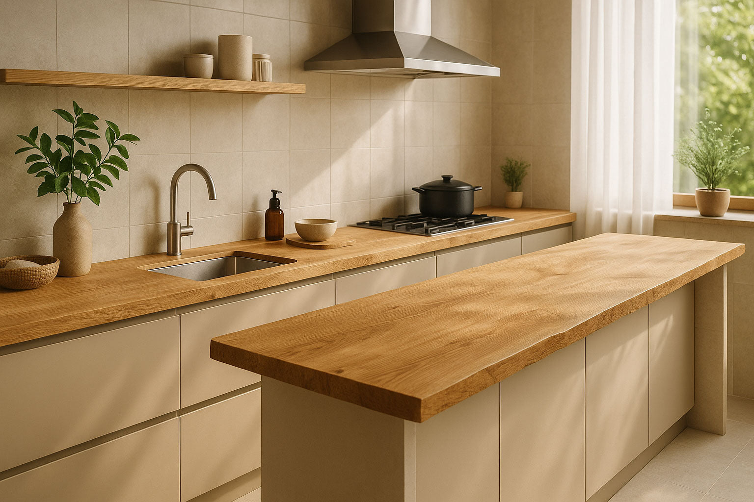 Moderne Kücheninsel mit massiver Thekenplatte aus Eiche mit Baumkante, kombiniert mit heller Küche, naturbelassenem Holz und minimalistischer Einrichtung.