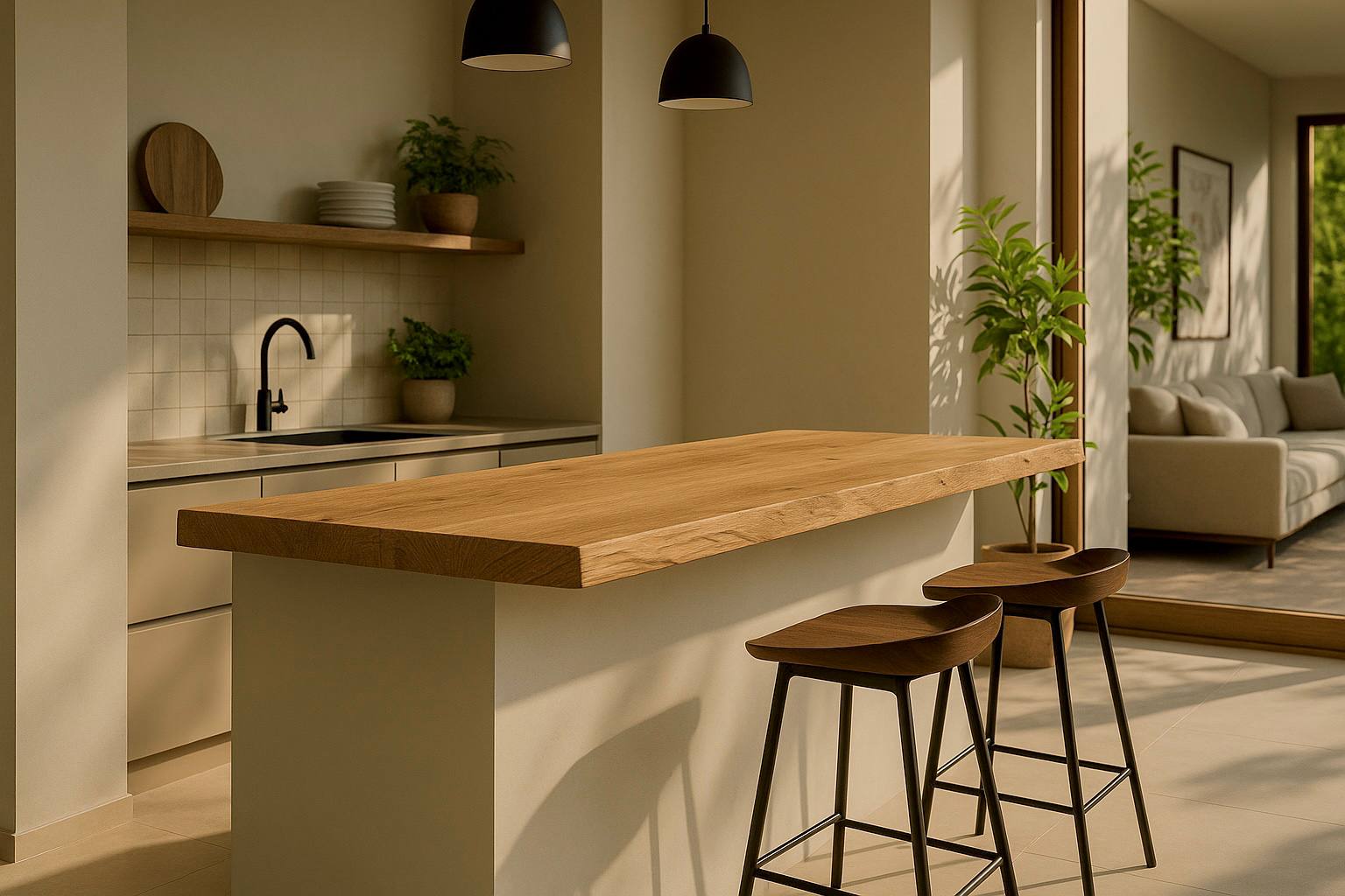 Moderne, minimalistische Küche mit massiver Kücheninsel aus Echtholz, zwei Barhockern und Naturlicht – hochwertige Innenarchitektur und Maßanfertigung aus Massivholz.