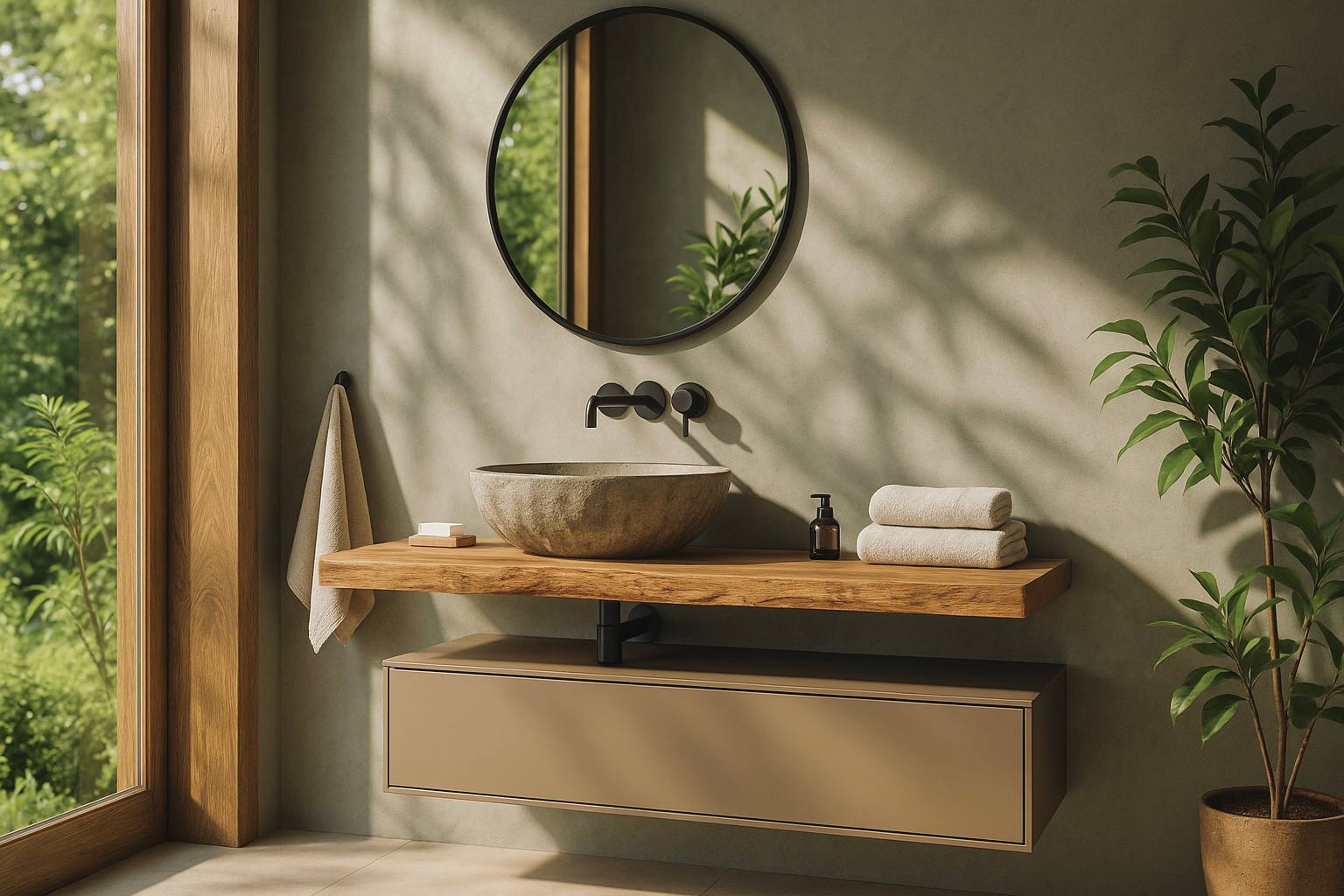 Modernes Badezimmer mit freihängendem Waschtisch aus massivem Holz, rundem Spiegel, Naturstein-Waschbecken und minimalistischer Wandarmatur – hochwertiges Bad-Design mit Naturmaterialien und viel Tageslicht