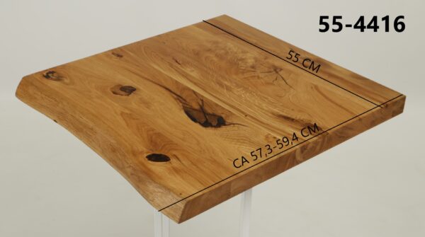 Eine Waschtischplatte mit Abmessungen aus Holz (auch als Platte für Aufsatzwaschbecken geeignet) mit den Maßen Länge 55 cm und Breite 57