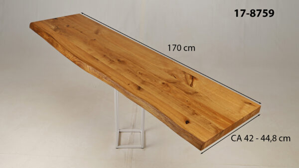Eine Waschtischplatte mit Abmessungen aus Holz (auch als Platte für Aufsatzwaschbecken geeignet) mit den Maßen Länge 170 cm und Breite 42