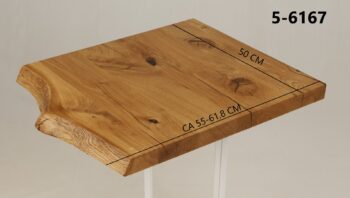 Eine Waschtischplatte mit Abmessungen aus Holz (auch als Platte für Aufsatzwaschbecken geeignet) mit den Maßen Länge 50 cm und Breite 55