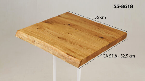 Eine Waschtischplatte mit Abmessungen aus Holz (auch als Platte für Aufsatzwaschbecken geeignet) mit den Maßen Länge 55 cm und Breite 51